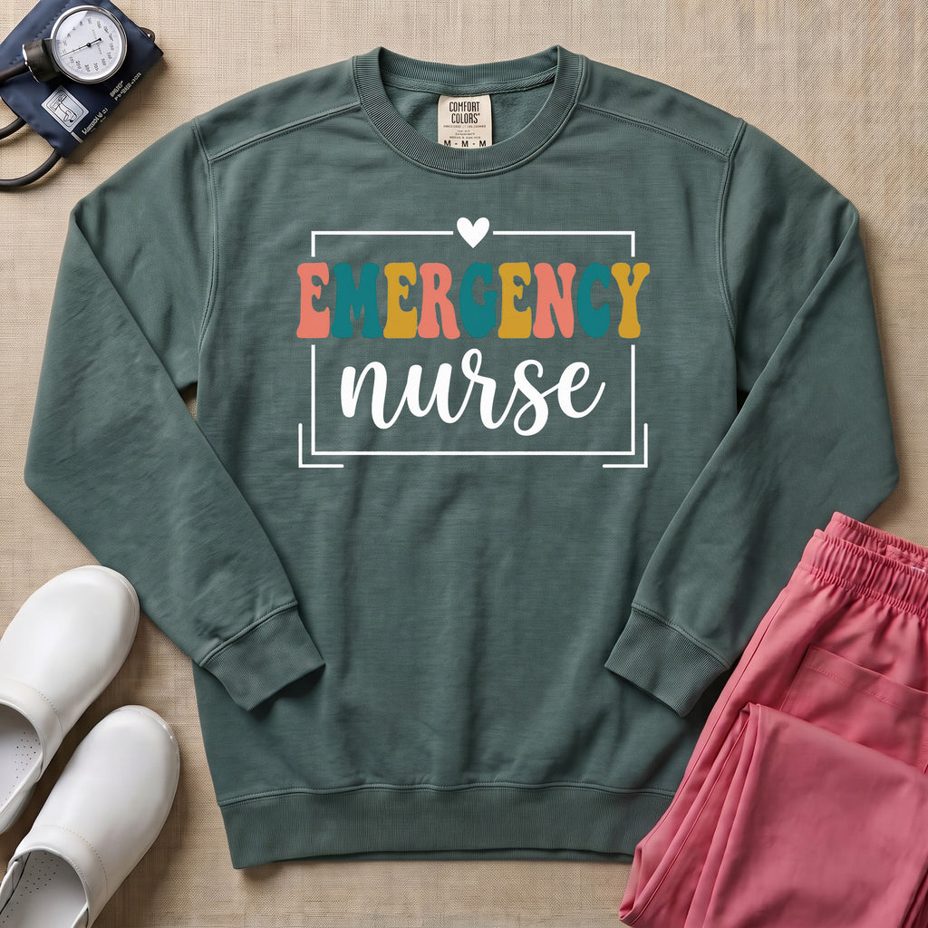 Retro Emergency Nurse Groovy ER Nurse Sweatshirt - Blue Spruce Comfort Colors Sweatshirt | HugTee