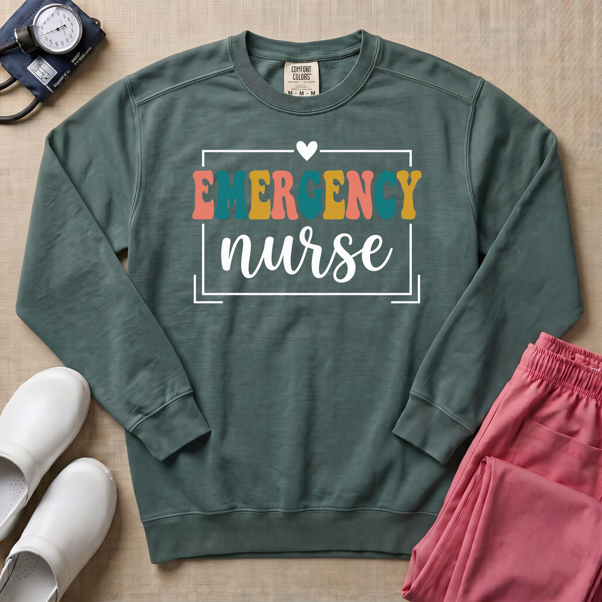 Retro Emergency Nurse Groovy ER Nurse Sweatshirt - Blue Spruce Comfort Colors Sweatshirt | HugTee