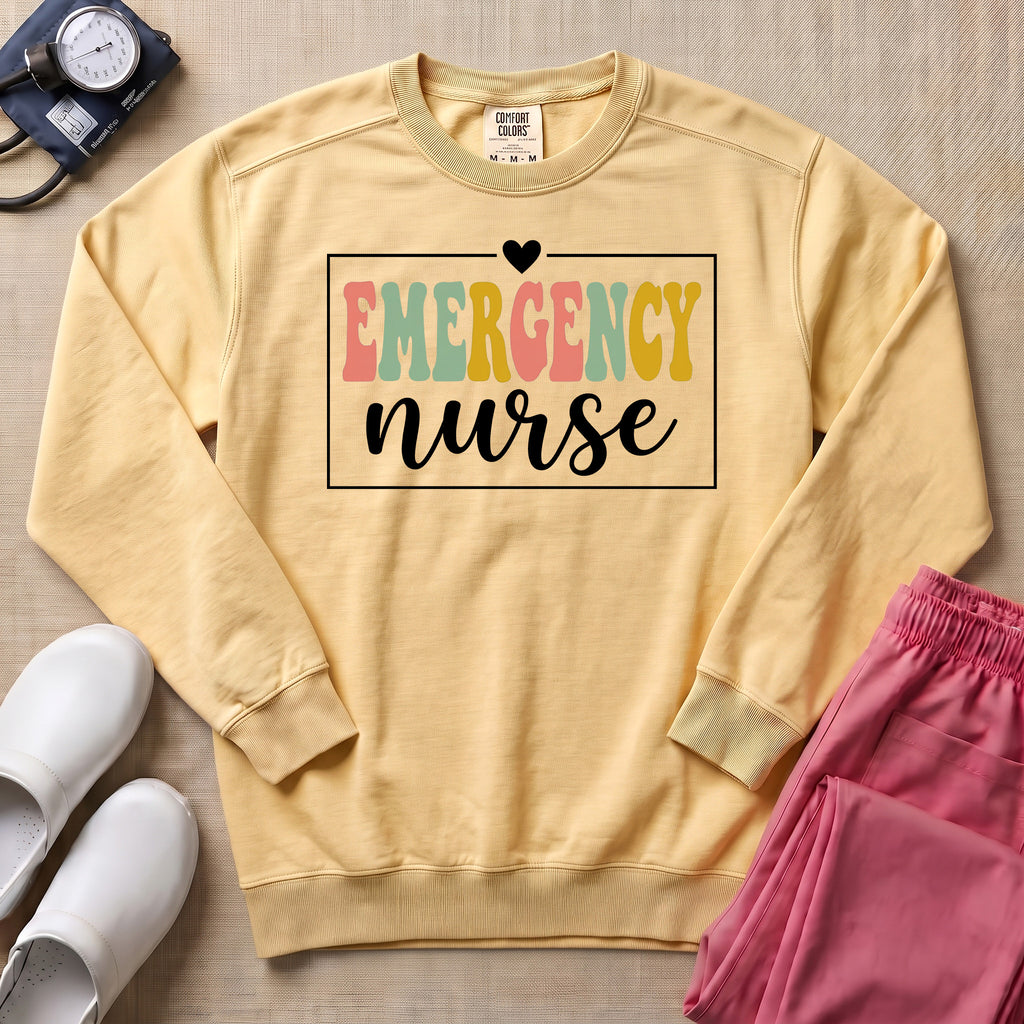 Emergency Nurse Retro Vintage Groovy Sweatshirt - Butter Comfort Colors Sweatshirt | HugTee