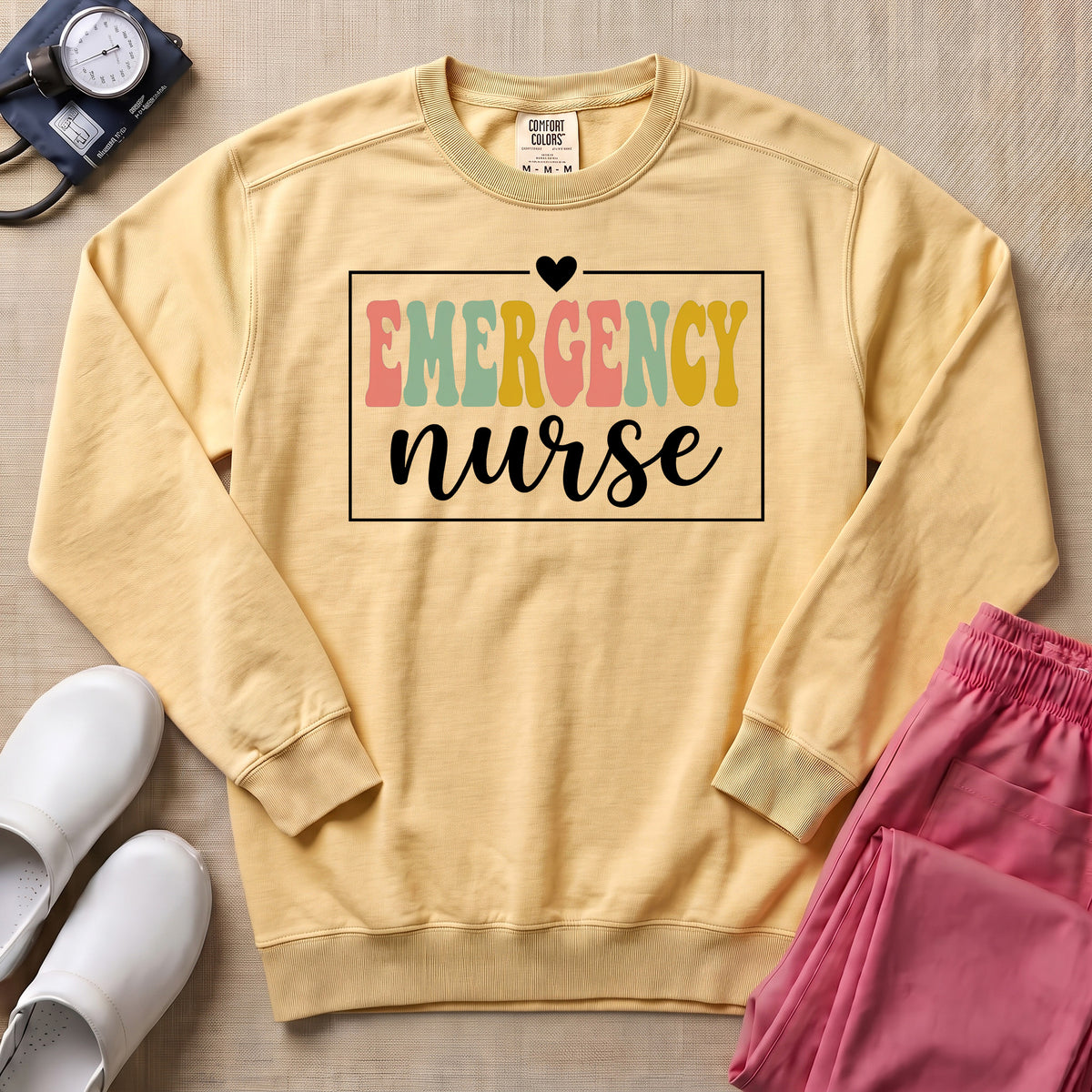 Emergency Nurse Retro Vintage Groovy Sweatshirt - Butter Comfort Colors Sweatshirt | HugTee