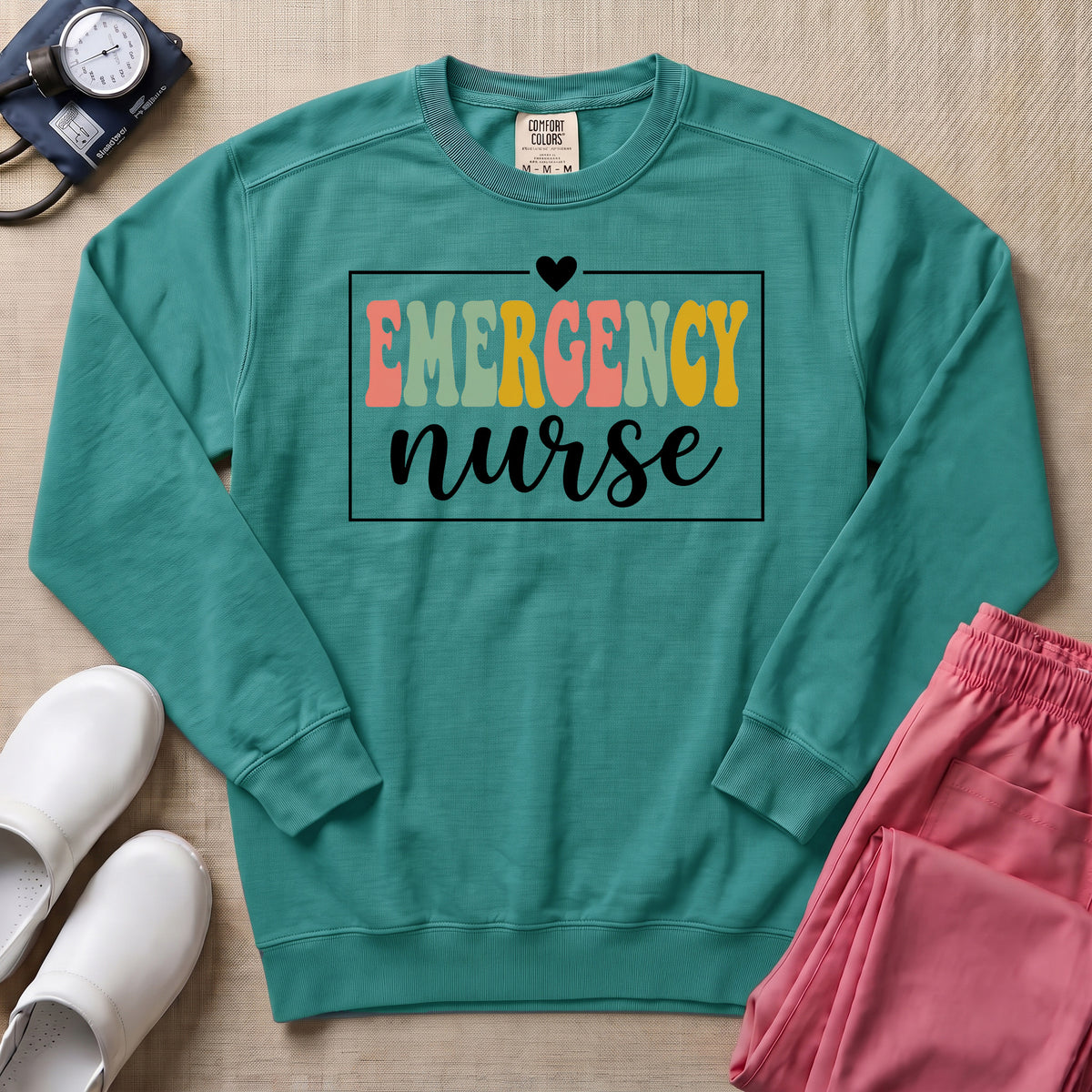 Emergency Nurse Retro Vintage Groovy Sweatshirt - Seafoam Comfort Colors Sweatshirt | HugTee