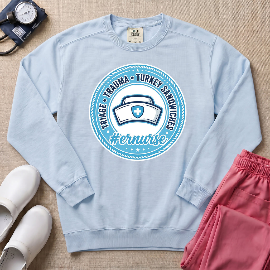 Funny Triage Trauma Turkey Sandwiches Emergency Room ER Nurse Sweatshirt - Chambray Comfort Colors Sweatshirt | HugTee