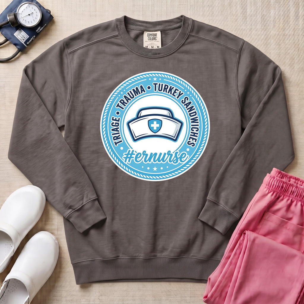 Funny Triage Trauma Turkey Sandwiches Emergency Room ER Nurse Sweatshirt - Pepper Lifestyle Hero Mockup | HugTee