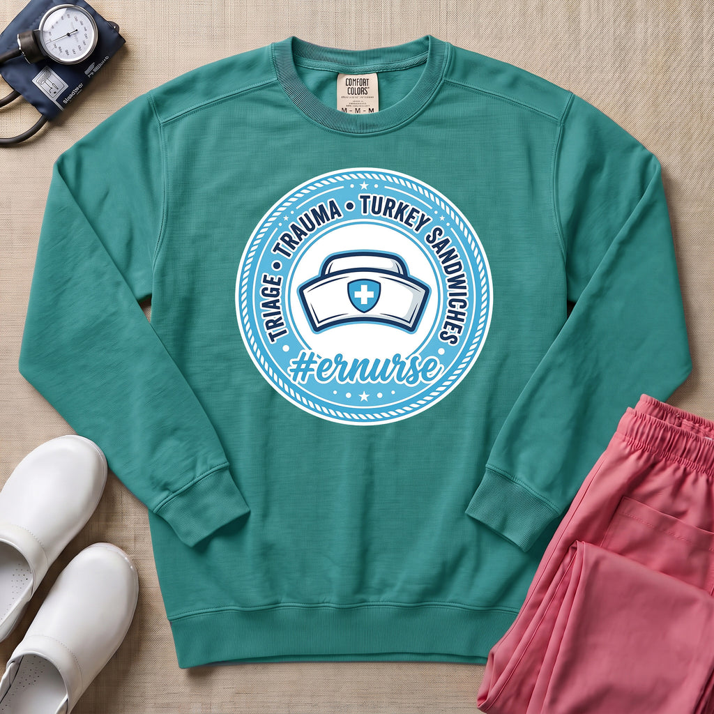 Funny Triage Trauma Turkey Sandwiches Emergency Room ER Nurse Sweatshirt - Seafoam Comfort Colors Sweatshirt | HugTee
