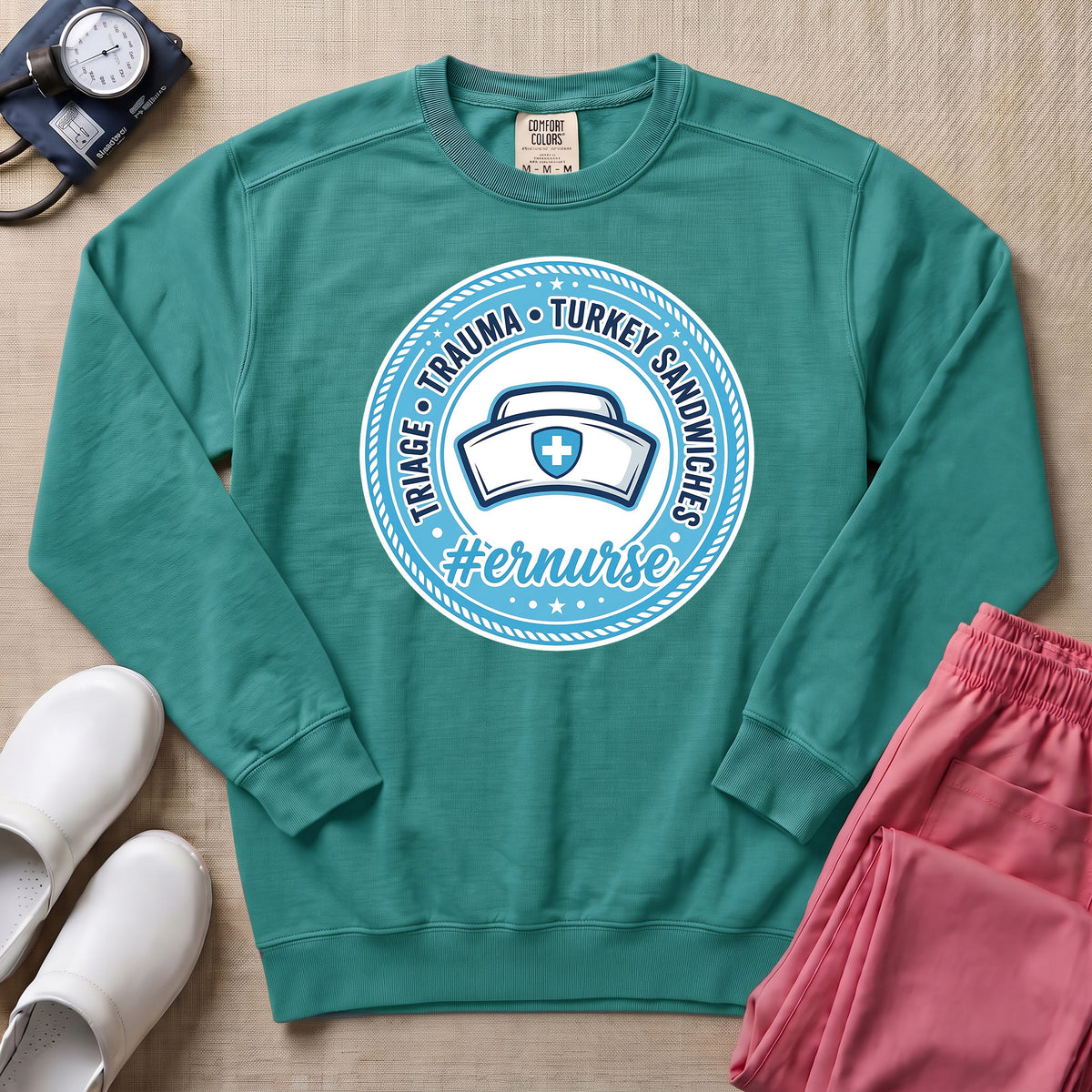 Funny Triage Trauma Turkey Sandwiches Emergency Room ER Nurse Sweatshirt - Seafoam Comfort Colors Sweatshirt | HugTee
