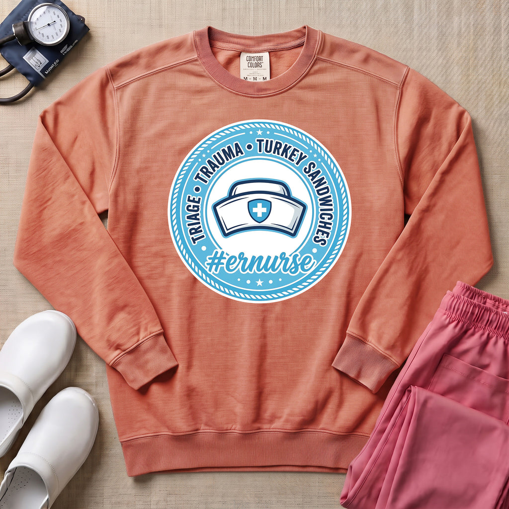 Funny Triage Trauma Turkey Sandwiches Emergency Room ER Nurse Sweatshirt - Terracotta Comfort Colors Sweatshirt | HugTee