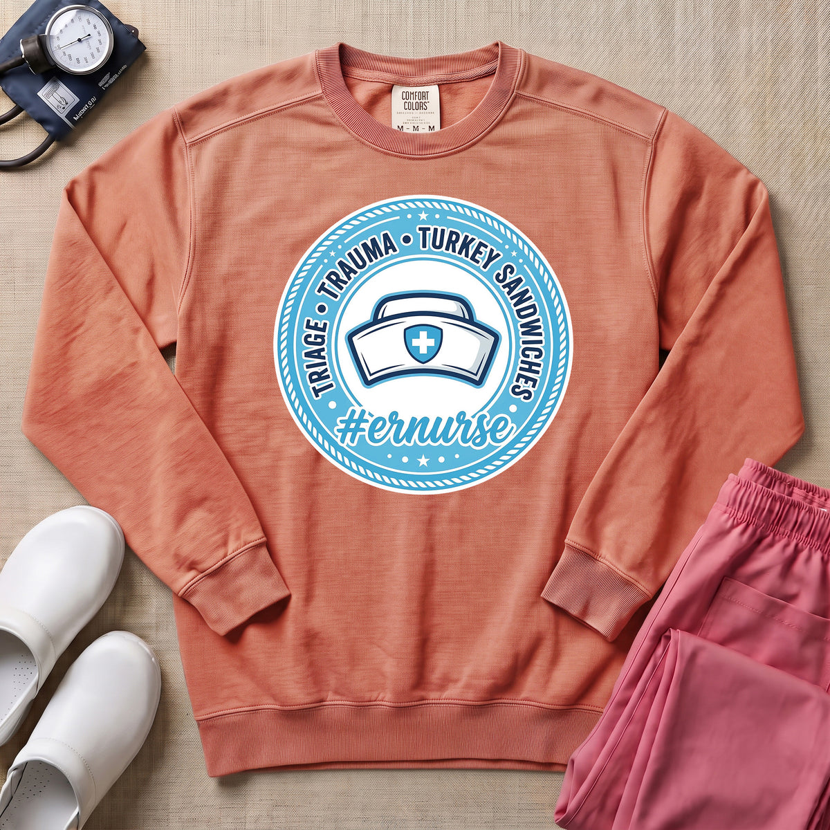 Funny Triage Trauma Turkey Sandwiches Emergency Room ER Nurse Sweatshirt - Terracotta Comfort Colors Sweatshirt | HugTee
