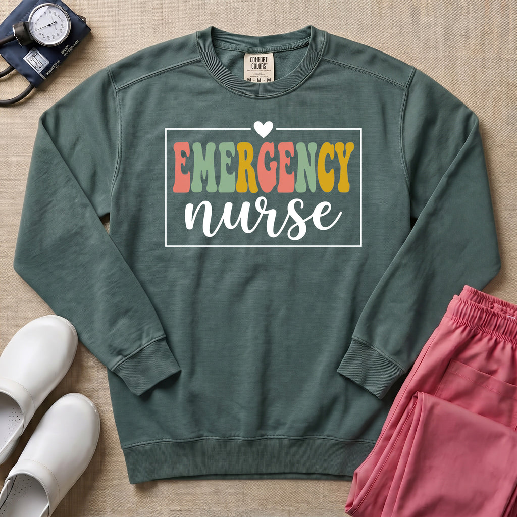 Emergency Nurse Retro Vintage Groovy Sweatshirt - Blue Spruce Comfort Colors Sweatshirt | HugTee