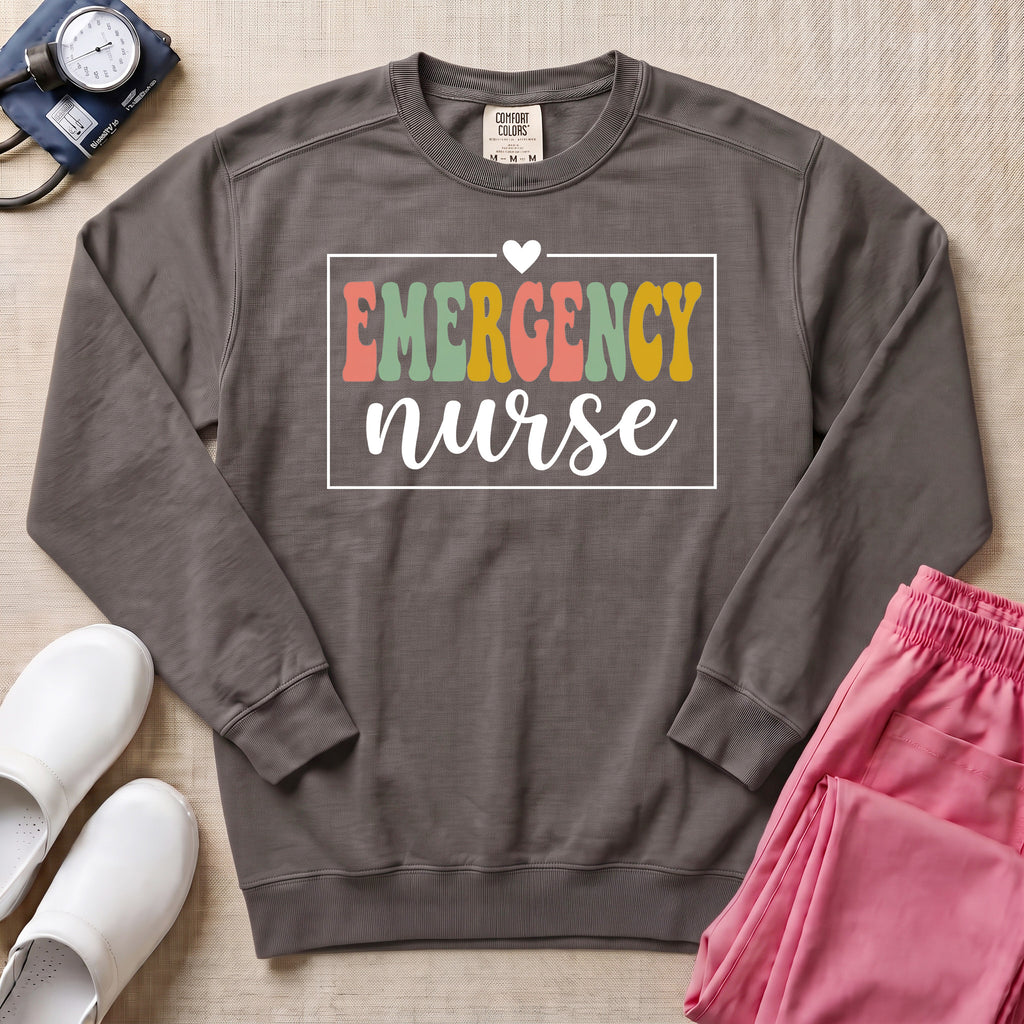 Emergency Nurse Retro Vintage Groovy Sweatshirt - Pepper Lifestyle Hero Mockup | HugTee