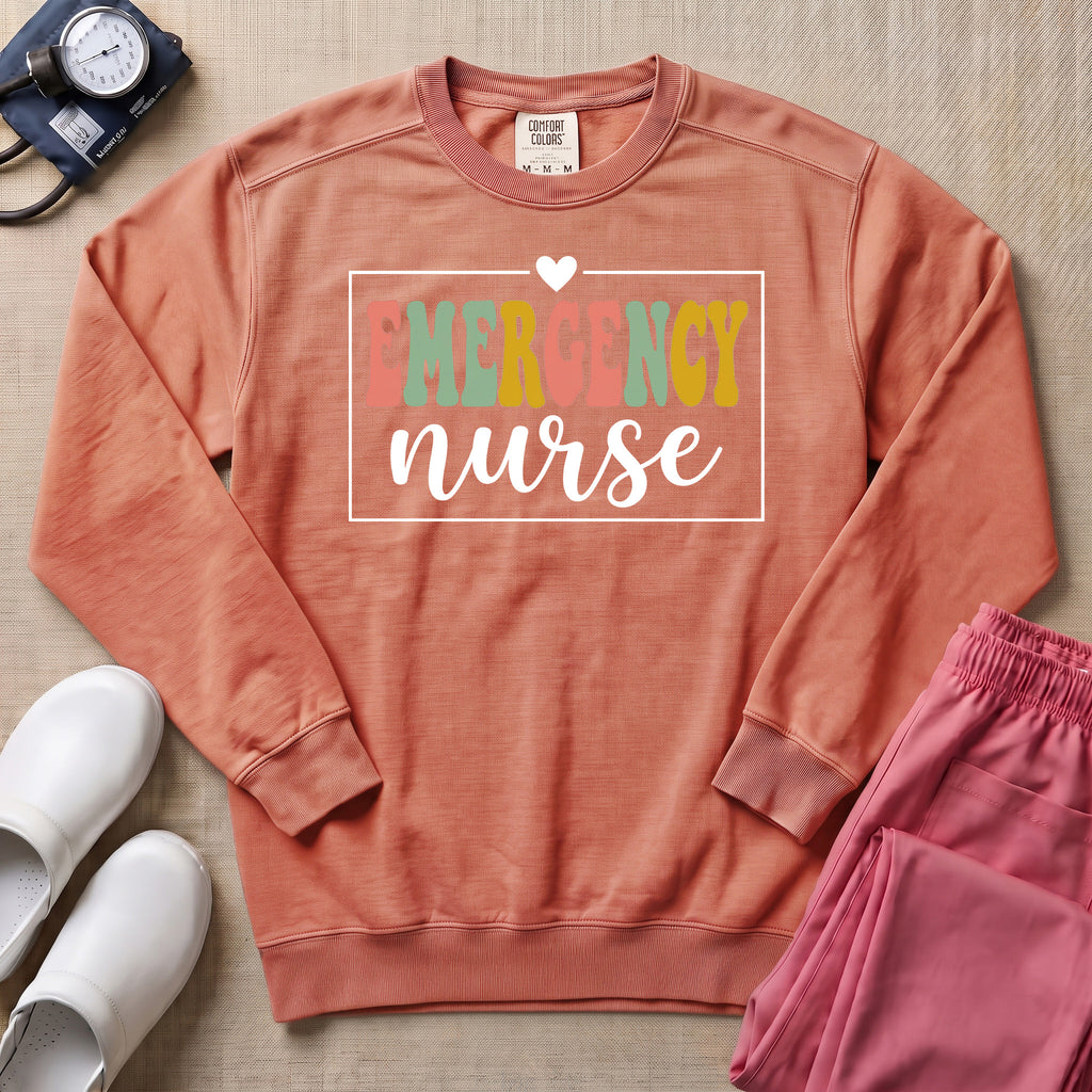 Emergency Nurse Retro Vintage Groovy Sweatshirt - Terracotta Comfort Colors Sweatshirt | HugTee