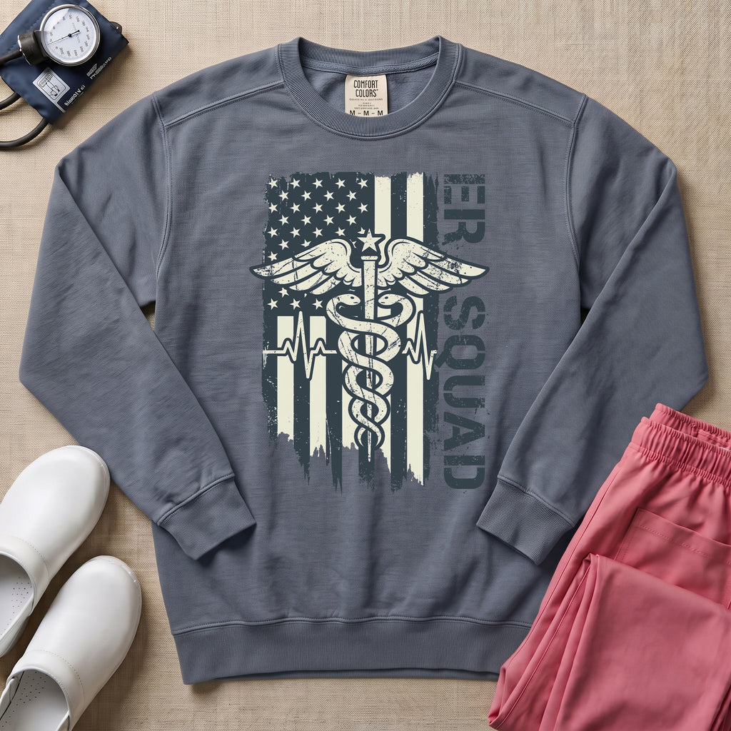 Patriotic ER Squad Caduceus American Flag Emergency Room Nurse Sweatshirt - Blue Jean Comfort Colors Sweatshirt | HugTee