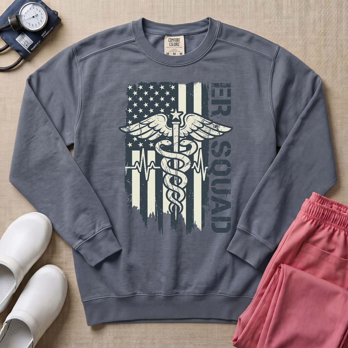 Patriotic ER Squad Caduceus American Flag Emergency Room Nurse Sweatshirt - Blue Jean Comfort Colors Sweatshirt | HugTee