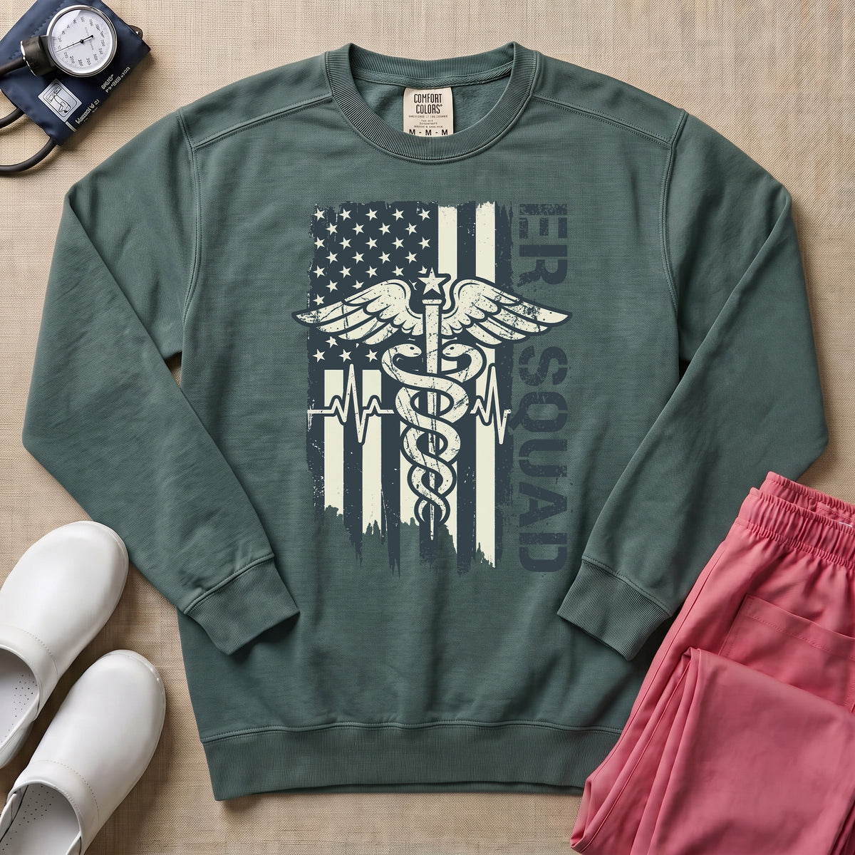 Patriotic ER Squad Caduceus American Flag Emergency Room Nurse Sweatshirt - Blue Spruce Comfort Colors Sweatshirt | HugTee