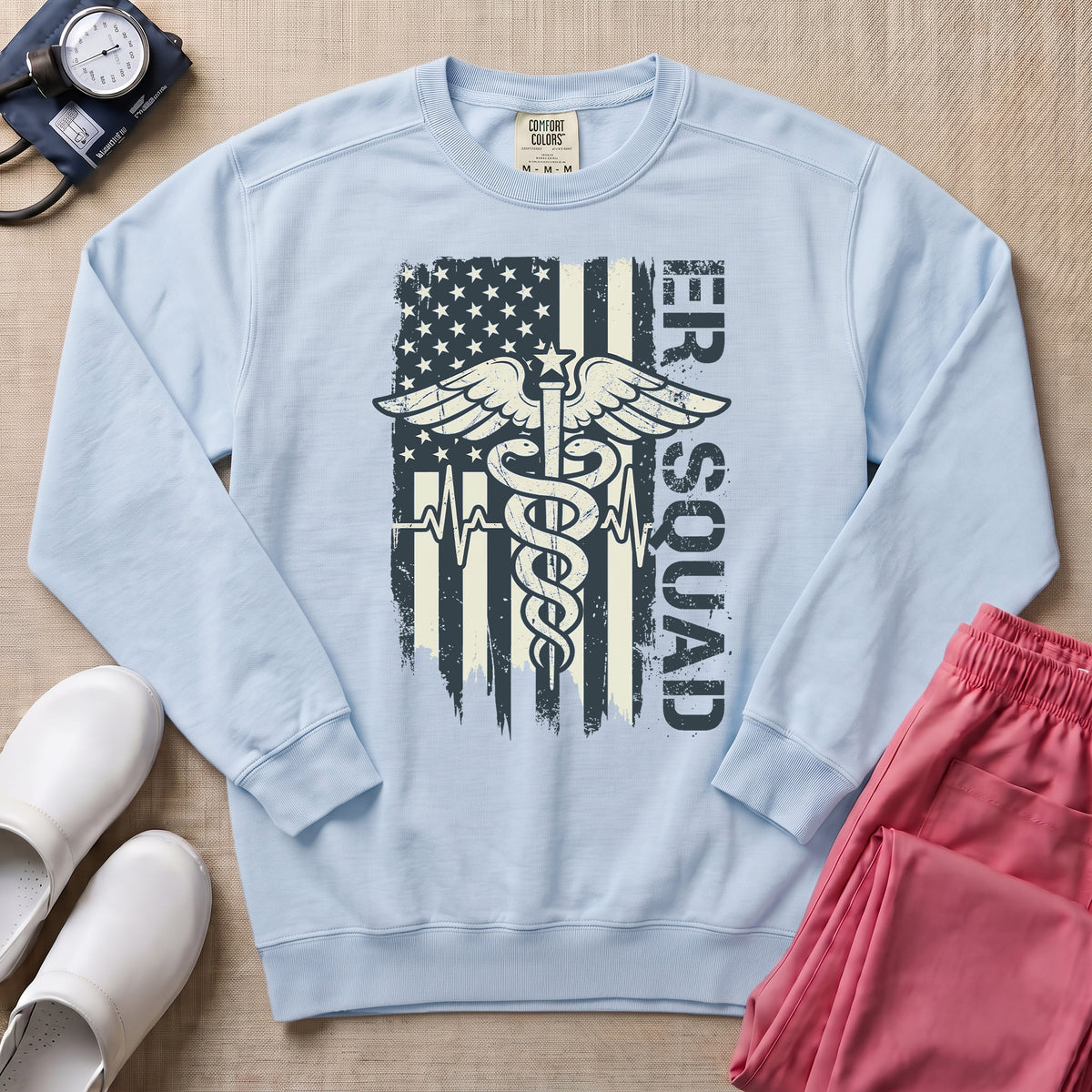 Patriotic ER Squad Caduceus American Flag Emergency Room Nurse Sweatshirt - Chambray Comfort Colors Sweatshirt | HugTee