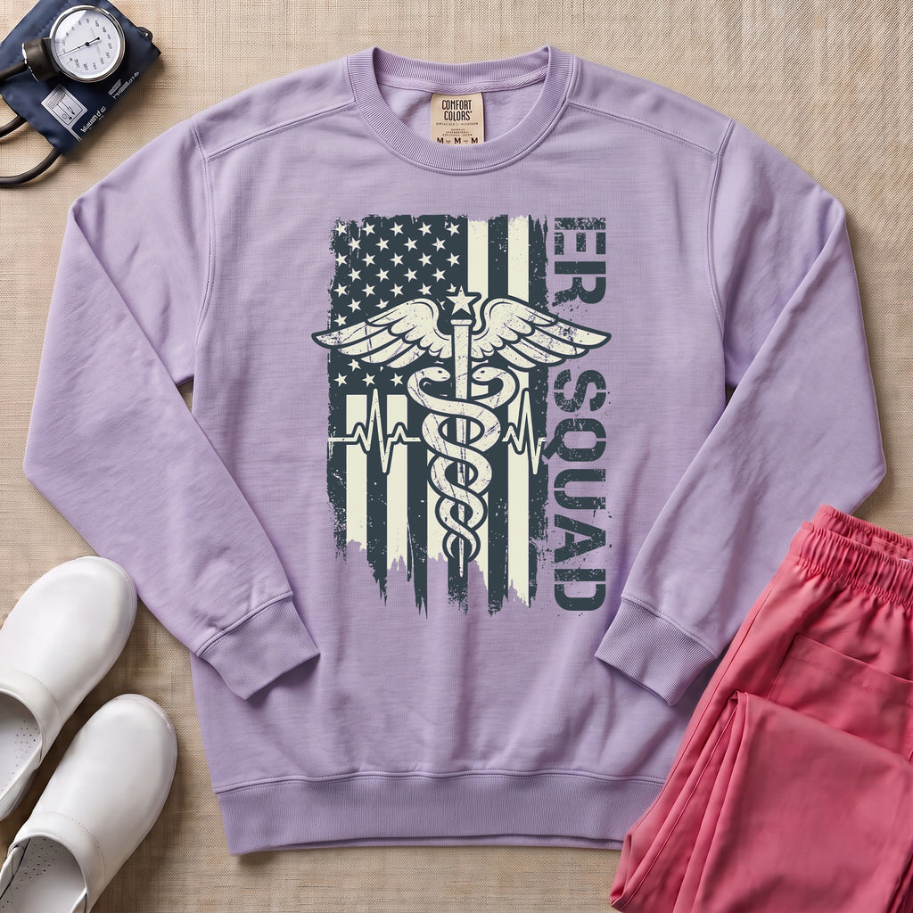 Patriotic ER Squad Caduceus American Flag Emergency Room Nurse Sweatshirt - Orchid Comfort Colors Sweatshirt | HugTee
