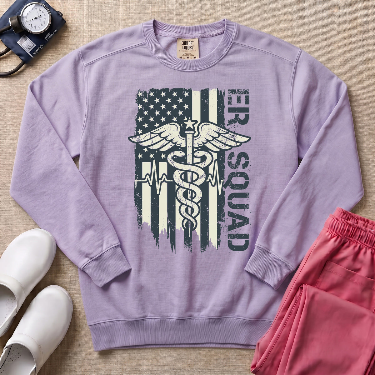 Patriotic ER Squad Caduceus American Flag Emergency Room Nurse Sweatshirt - Orchid Comfort Colors Sweatshirt | HugTee
