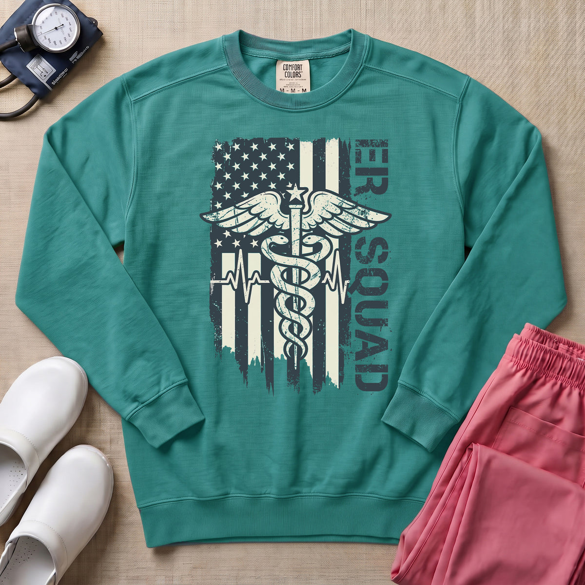 Patriotic ER Squad Caduceus American Flag Emergency Room Nurse Sweatshirt - Seafoam Comfort Colors Sweatshirt | HugTee