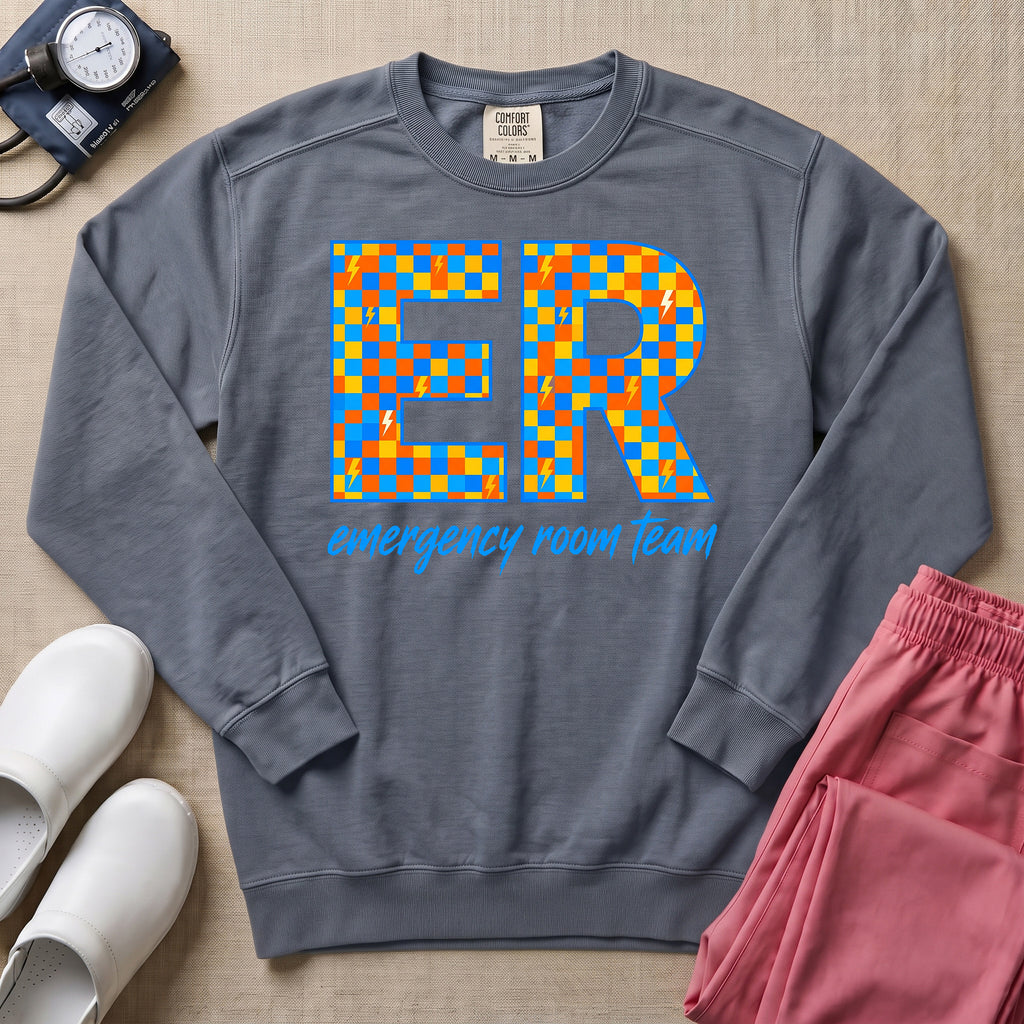 Retro Checkerboard ER Nurse Emergency Room Team Sweatshirt - Blue Jean Comfort Colors Sweatshirt | HugTee