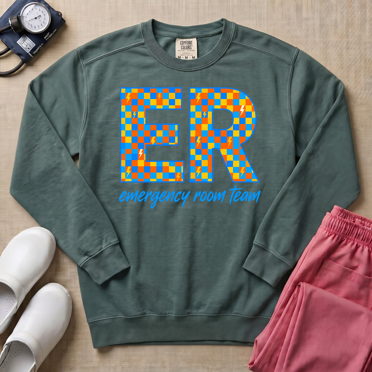 Retro Checkerboard ER Nurse Emergency Room Team Sweatshirt - Blue Spruce Comfort Colors Sweatshirt | HugTee
