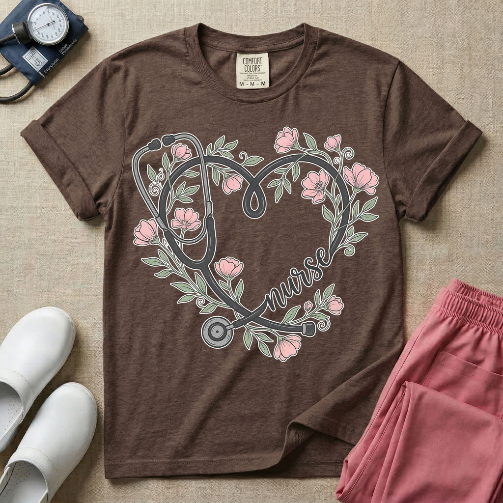 General nursing t-shirt featuring a heart-shaped stethoscope design intertwined with pink flowers and the cursive text "nurse".