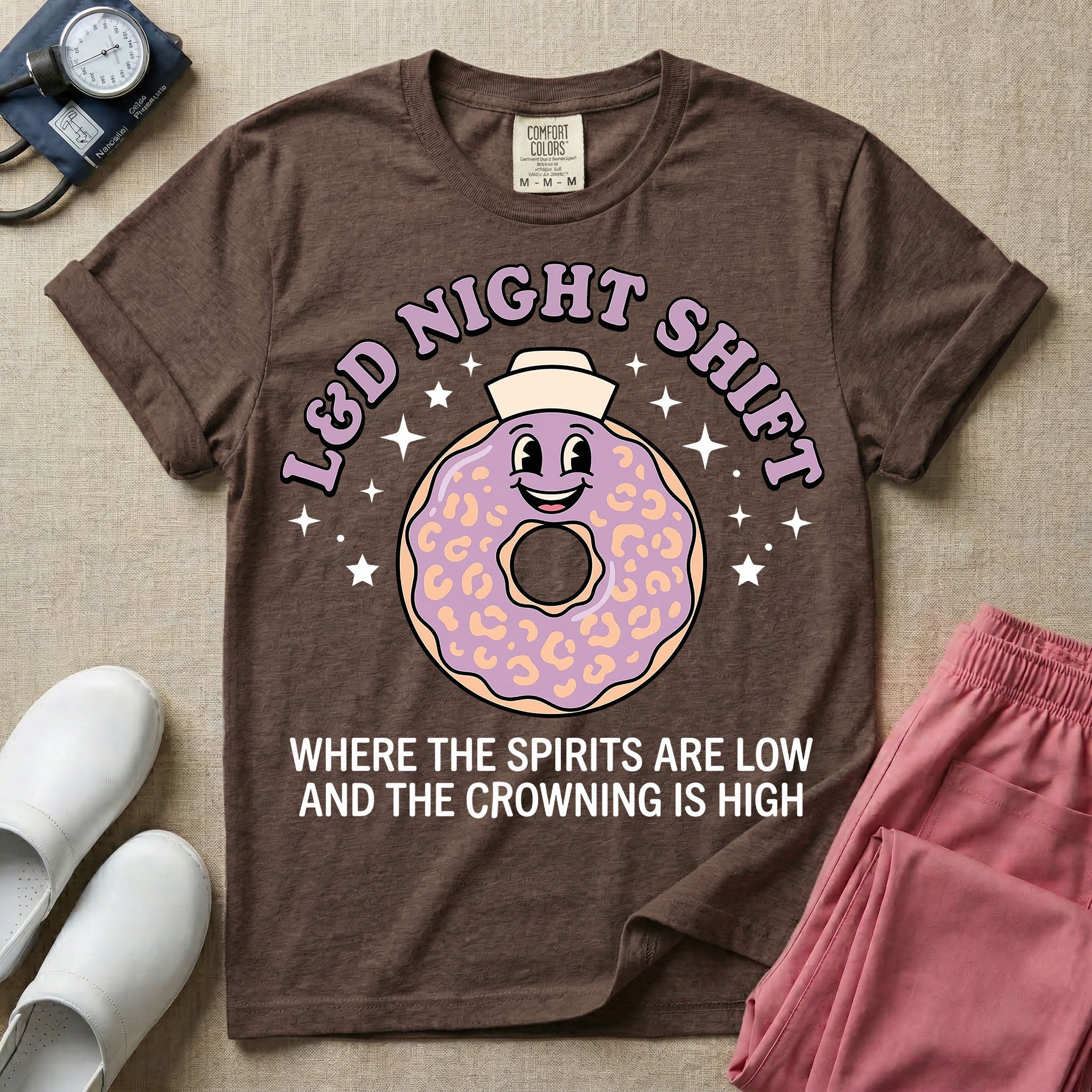 Labor and Delivery L&D night shift nurse t-shirt with a funny retro donut graphic where the spirits are low and the crowning is high in espresso color.