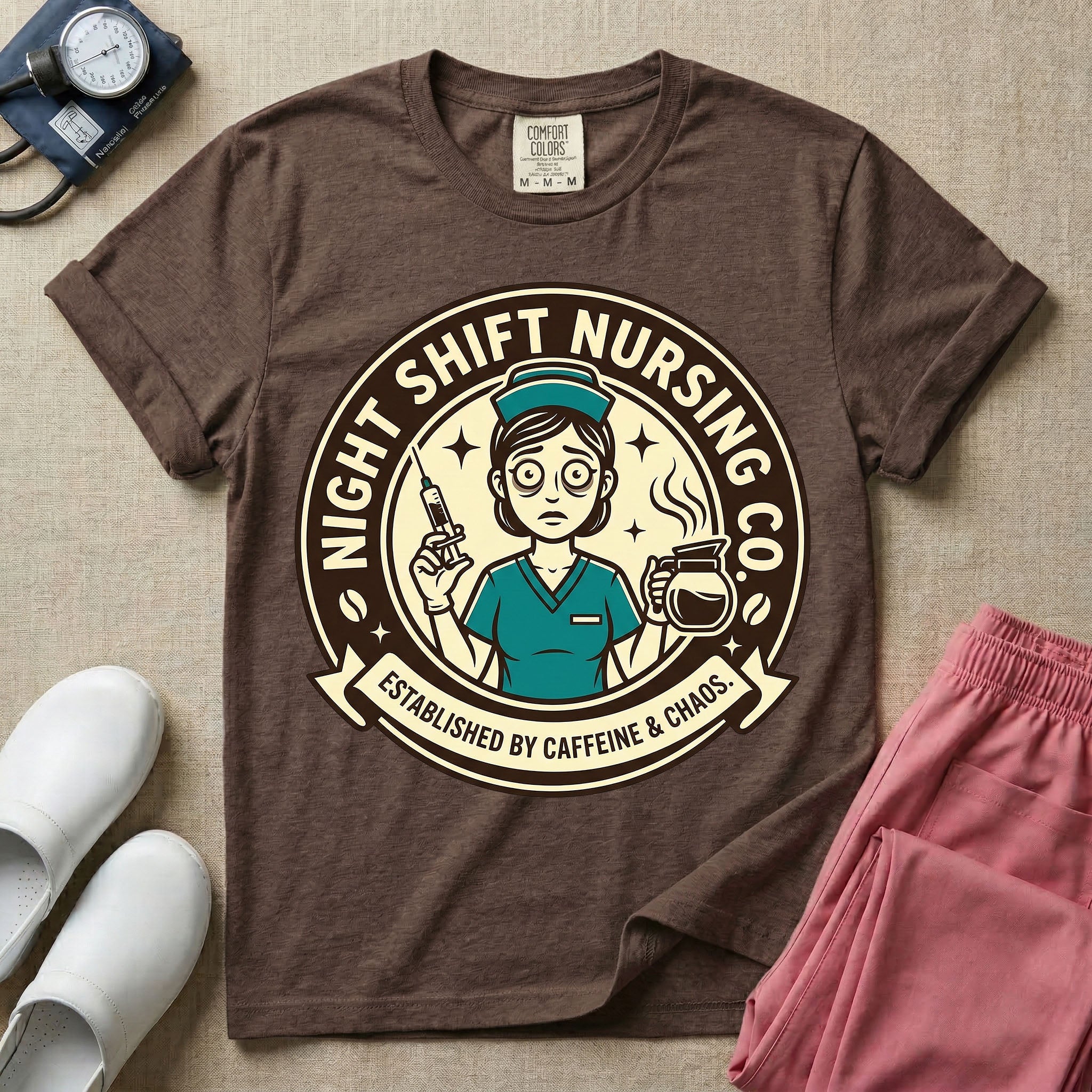 General nursing night shift nurse t-shirt with a retro vintage exhausted nurse holding coffee and a syringe established by caffeine and chaos graphic in espresso color.