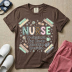 A humorous graphic for labor and delivery, postpartum, and neonatal nurses featuring the word 'NURSE' in large, mismatched patterned letters including leopard print and florals, stacked above the phrase 'Professional Tiny Human Relocation Specialist', and surrounded by cute doodles of decorated bandaids, baby footprints, a rattle, and a coffee mug.