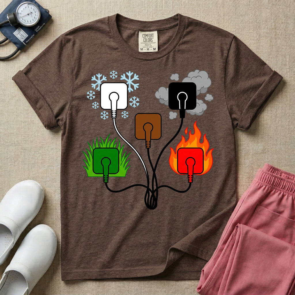 A minimalist t-shirt for nurses featuring an ECG lead placement mnemonic graphic with five connected electrical plugs, illustrating white snow over green grass, black smoke over red fire, and a central brown plug.