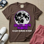 A humorous Labor and Delivery nurse graphic featuring a screaming face morphing out of a full moon, accompanied by purple dripping text that reads L&D: FULL MOON MADNESS and distressed black text below reading NO SLEEP. NO BREAKS. NO MERCY.