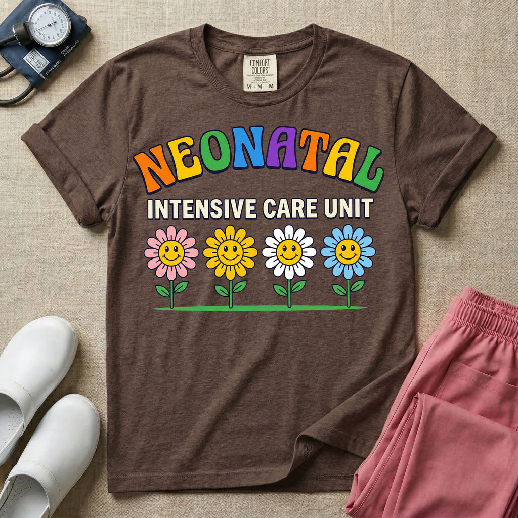 A retro-style graphic for a Neonatal Intensive Care Unit featuring the text 'NEONATAL' in colorful, arched bubbly letters above 'INTENSIVE CARE UNIT' and a row of four smiling daisy flowers.