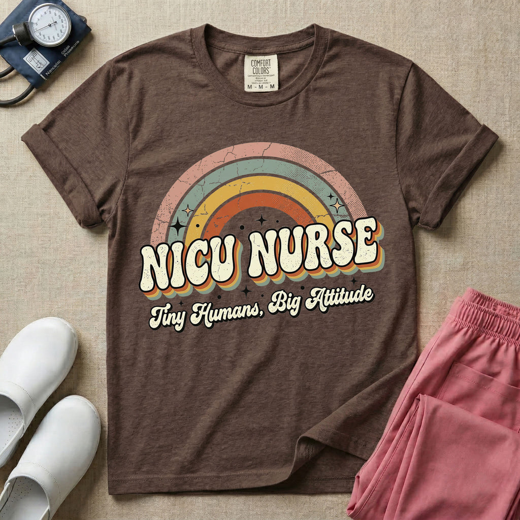 Neonatal Intensive Care Unit NICU nurse t-shirt with a retro vintage rainbow and tiny humans big attitude graphic in espresso color.