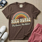 Neonatal Intensive Care Unit NICU nurse t-shirt with a retro vintage rainbow and tiny humans big attitude graphic in espresso color.