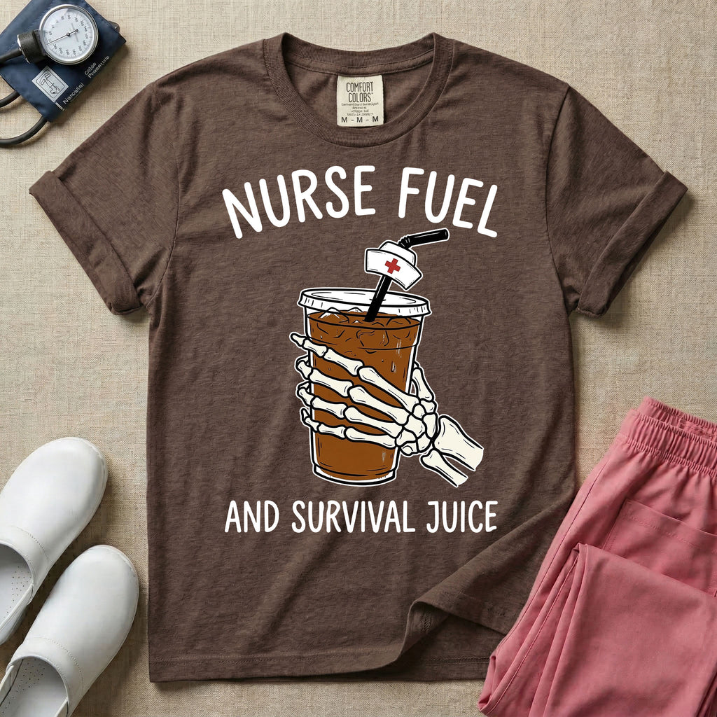 General nursing t-shirt featuring a graphic of a skeleton hand holding an iced coffee cup with a nurse cap on the straw and the text "NURSE FUEL AND SURVIVAL JUICE"