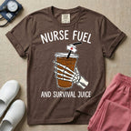 General nursing t-shirt featuring a graphic of a skeleton hand holding an iced coffee cup with a nurse cap on the straw and the text "NURSE FUEL AND SURVIVAL JUICE"