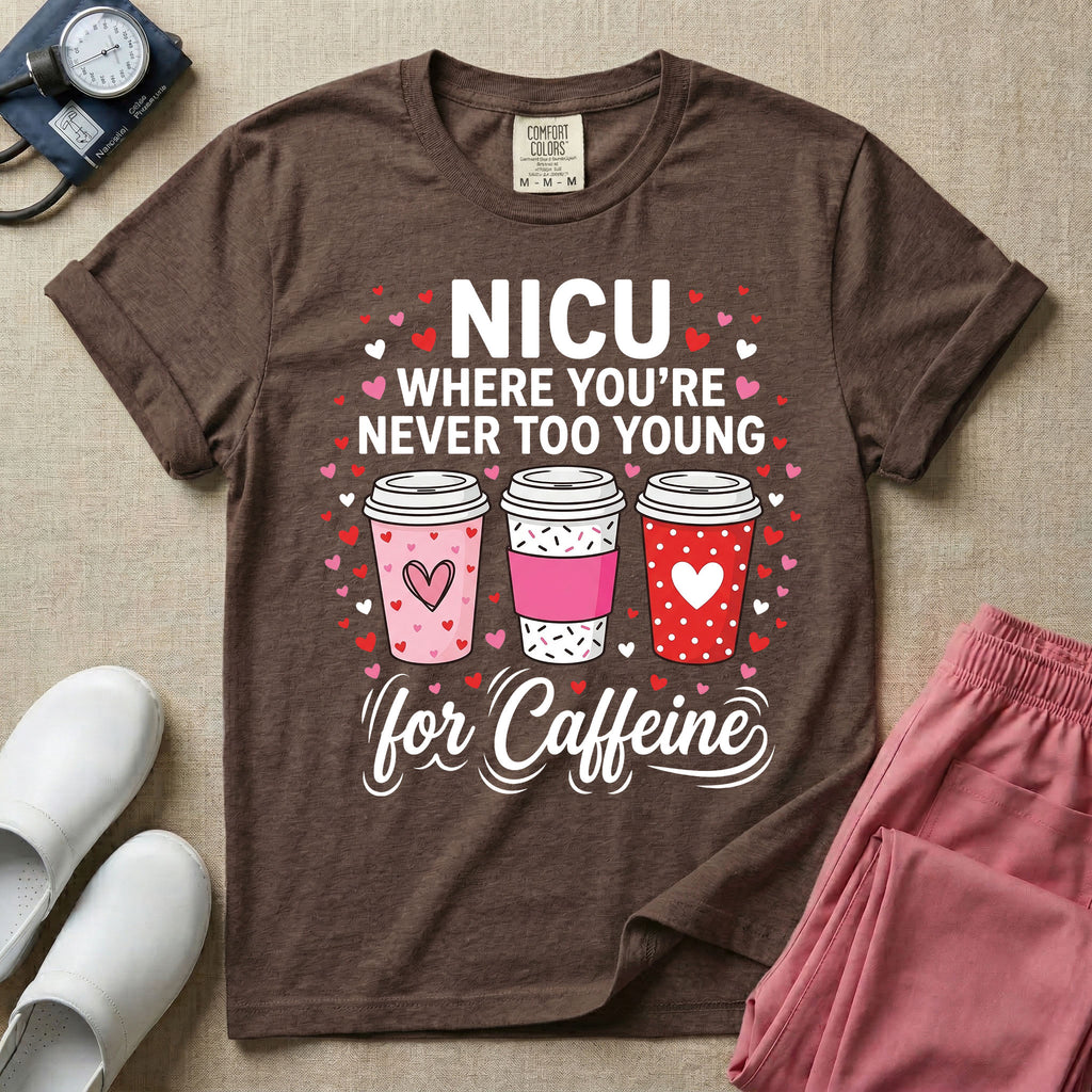 A Valentine's Day themed graphic for a Neonatal Intensive Care Unit featuring the text 'NICU WHERE YOU'RE NEVER TOO YOUNG' stacked above three to-go coffee cups decorated with heart patterns, with 'for Caffeine' written in script at the bottom, all surrounded by small red and pink hearts.
