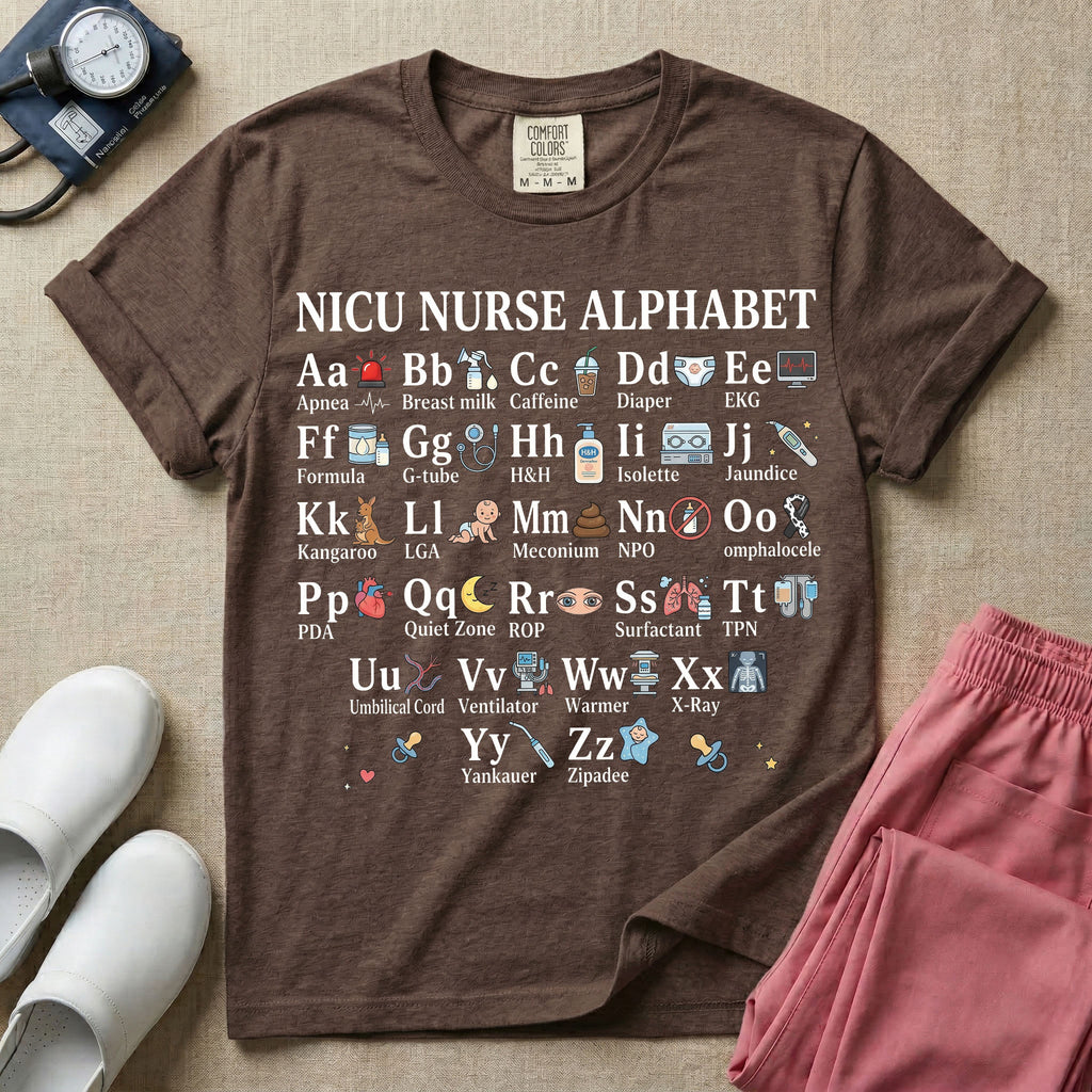A graphic for a Neonatal Intensive Care Unit featuring the text 'NICU NURSE ALPHABET' above a comprehensive grid displaying the letters A through Z, each paired with a tiny medical illustration and term related to NICU nursing.