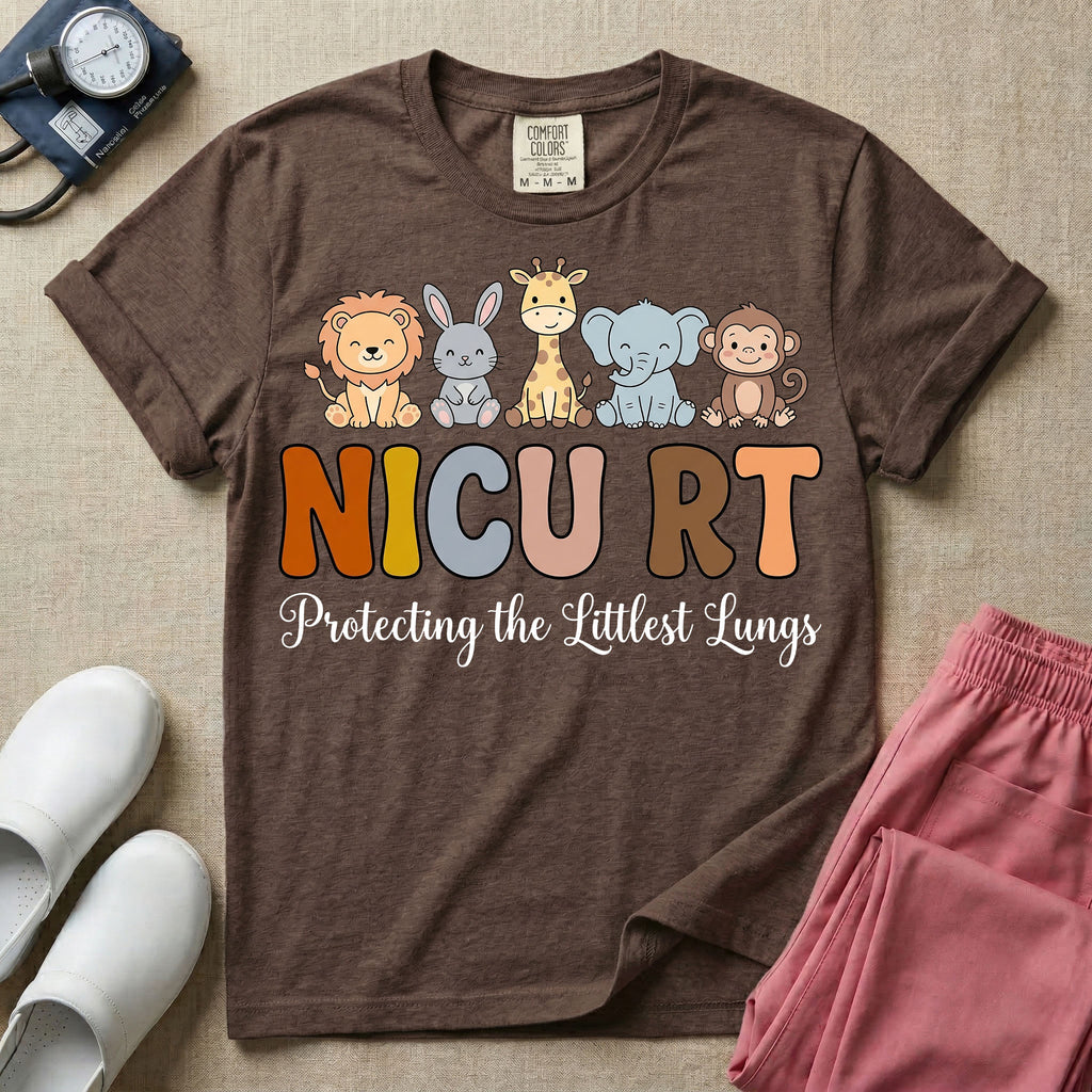 Neonatal Intensive Care Unit NICU RT respiratory therapist t-shirt featuring a row of cute cartoon animals including a lion, bunny, giraffe, elephant, and monkey sitting on the text "NICU RT" positioned above the cursive text "Protecting the Littlest Lungs".