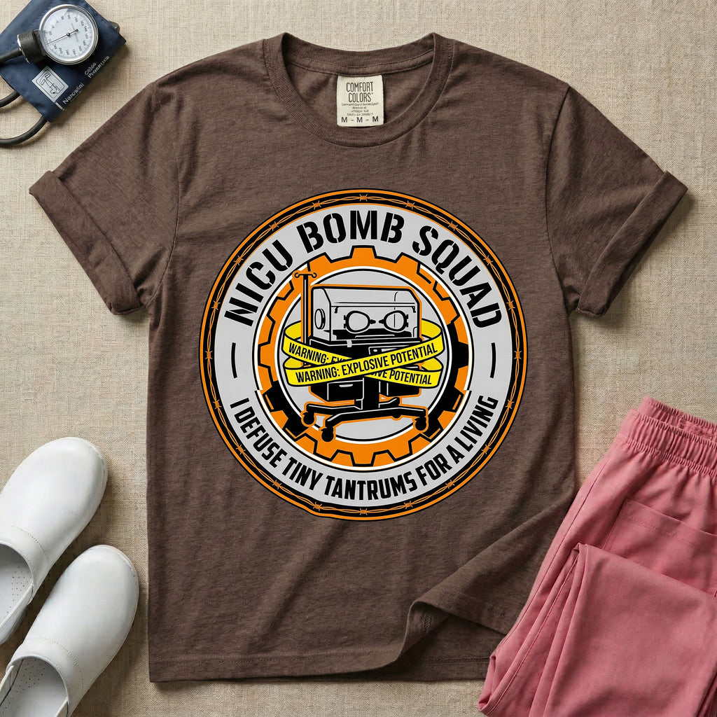 Neonatal Intensive Care Unit NICU nurse t-shirt with funny bomb squad defusing tiny tantrums graphic in espresso color.
