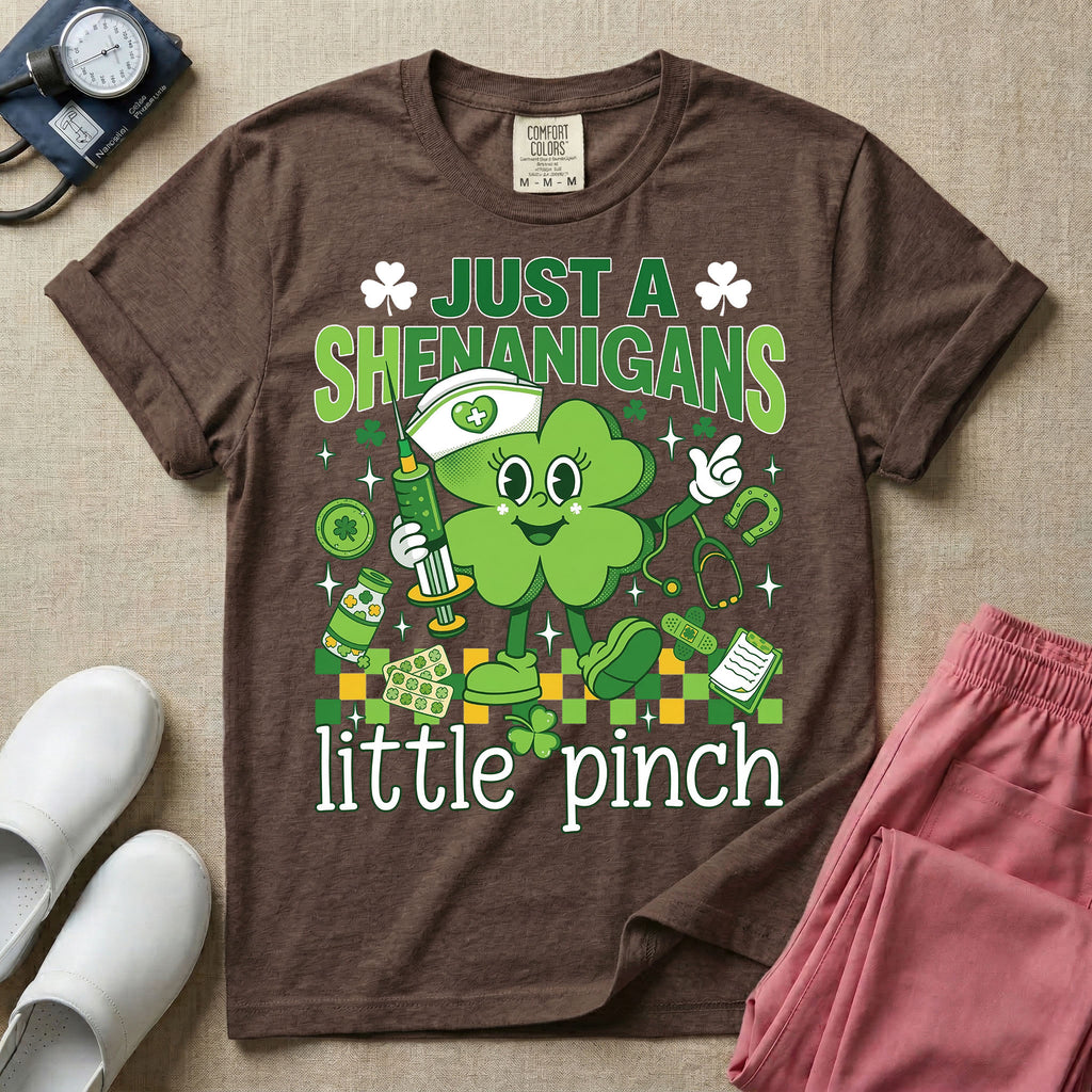 General nursing nurse t-shirt with a retro clover just a shenanigans little pinch graphic in espresso color.