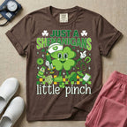 General nursing nurse t-shirt with a retro clover just a shenanigans little pinch graphic in espresso color.
