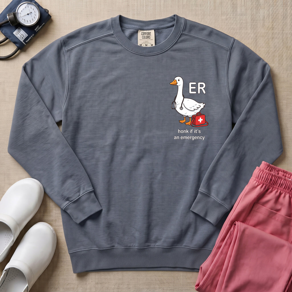 Funny ER Goose Nurse Honk If It's An Emergency Sweatshirt - Blue Jean Comfort Colors Sweatshirt | HugTee