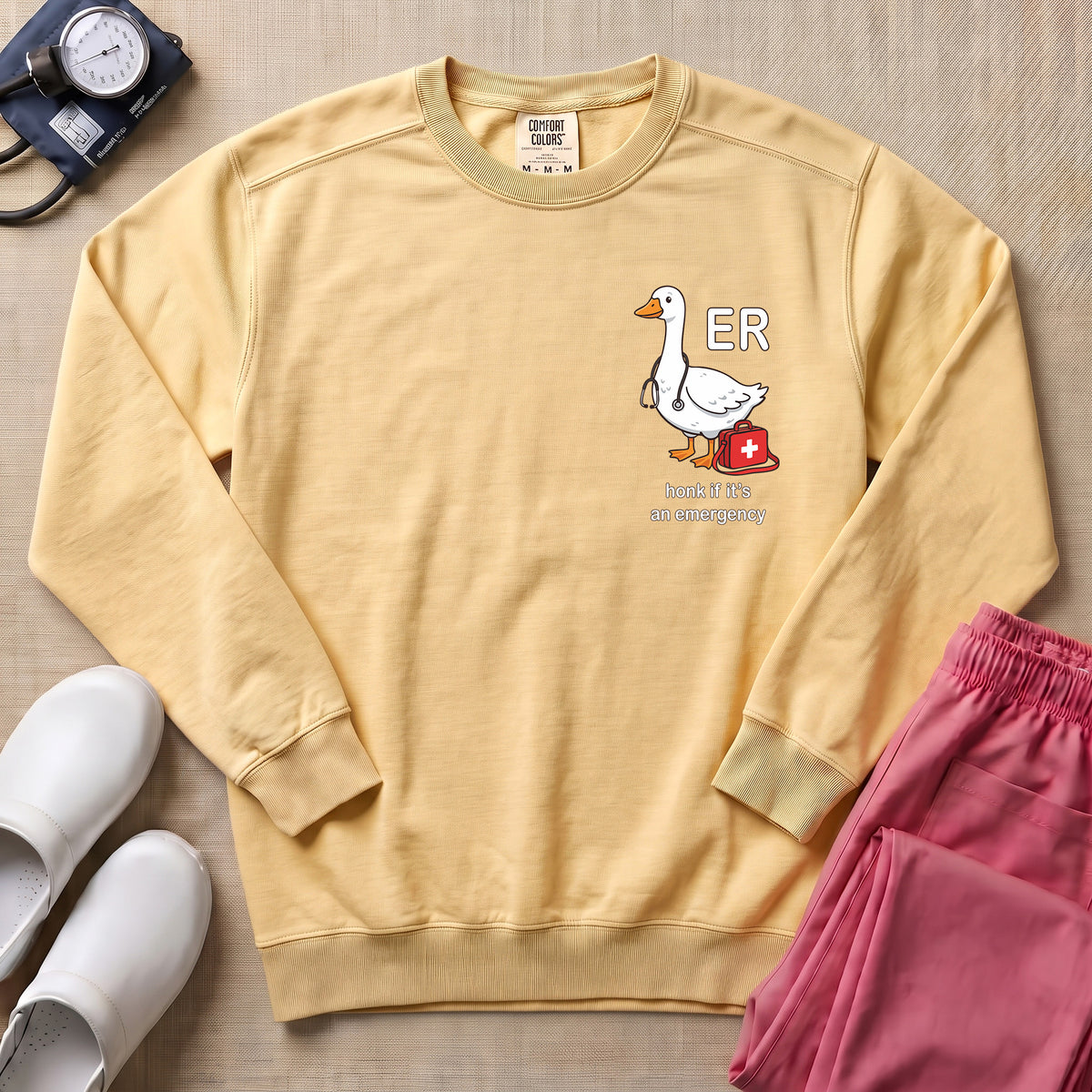 Funny ER Goose Nurse Honk If It's An Emergency Sweatshirt - Butter Comfort Colors Sweatshirt | HugTee
