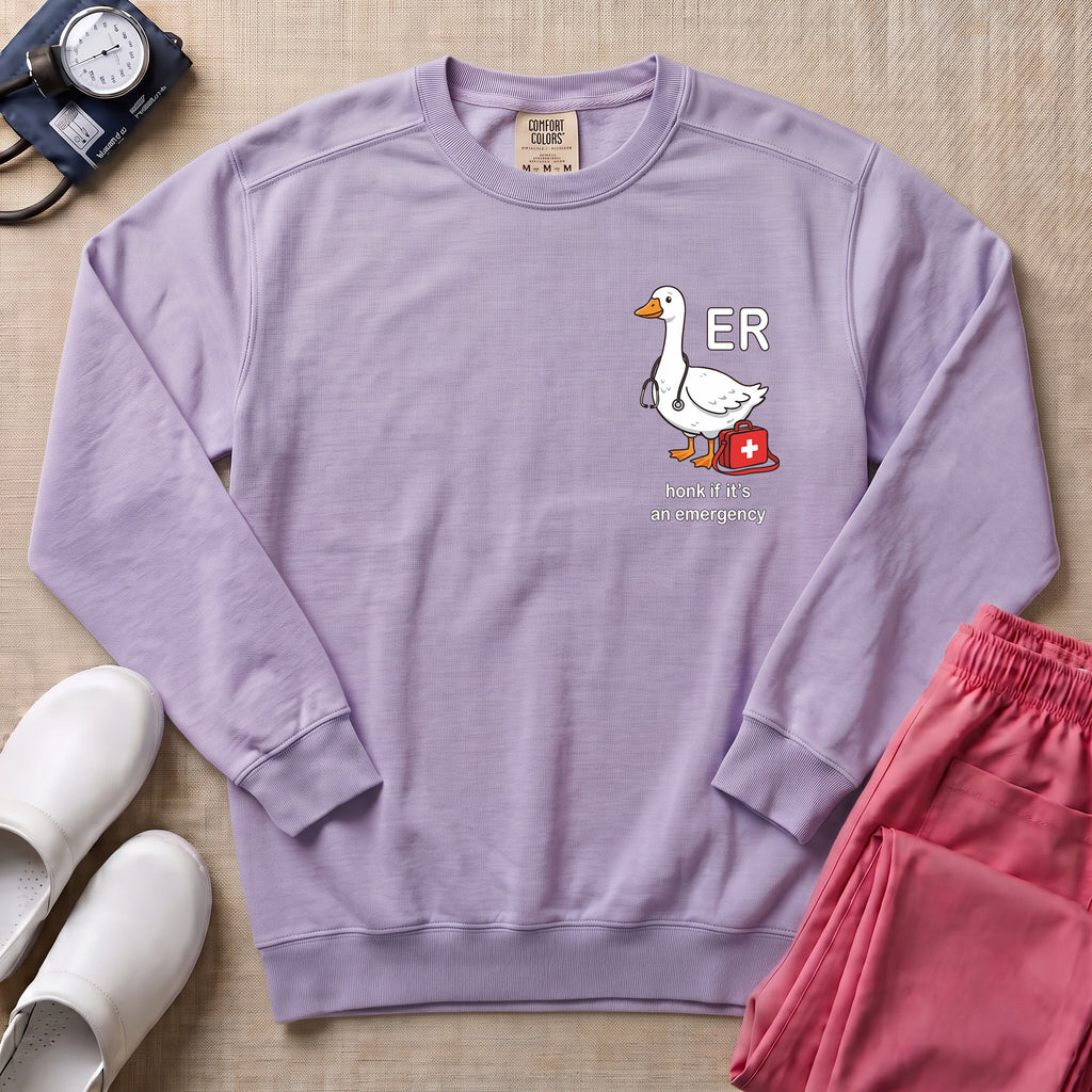Funny ER Goose Nurse Honk If It's An Emergency Sweatshirt - Orchid Comfort Colors Sweatshirt | HugTee