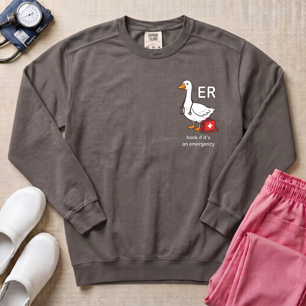 Funny ER Goose Nurse Honk If It's An Emergency Sweatshirt - Pepper Lifestyle Hero Mockup | HugTee