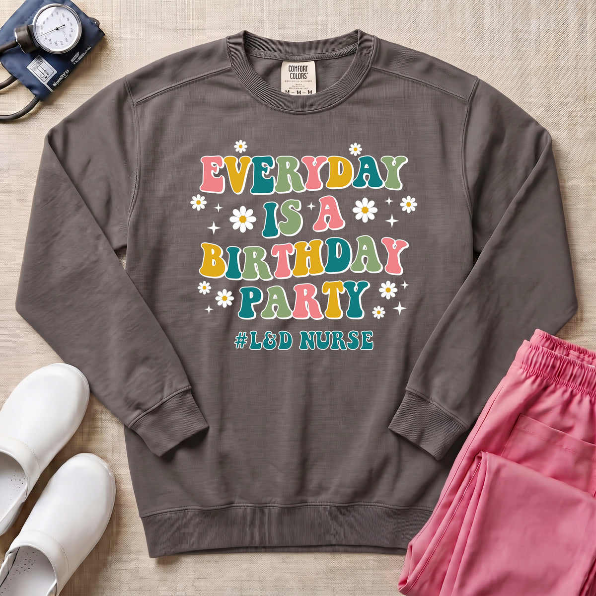 Retro Everyday Is A Birthday Party L&D Nurse Sweatshirt - Pepper Lifestyle Hero Mockup | HugTee