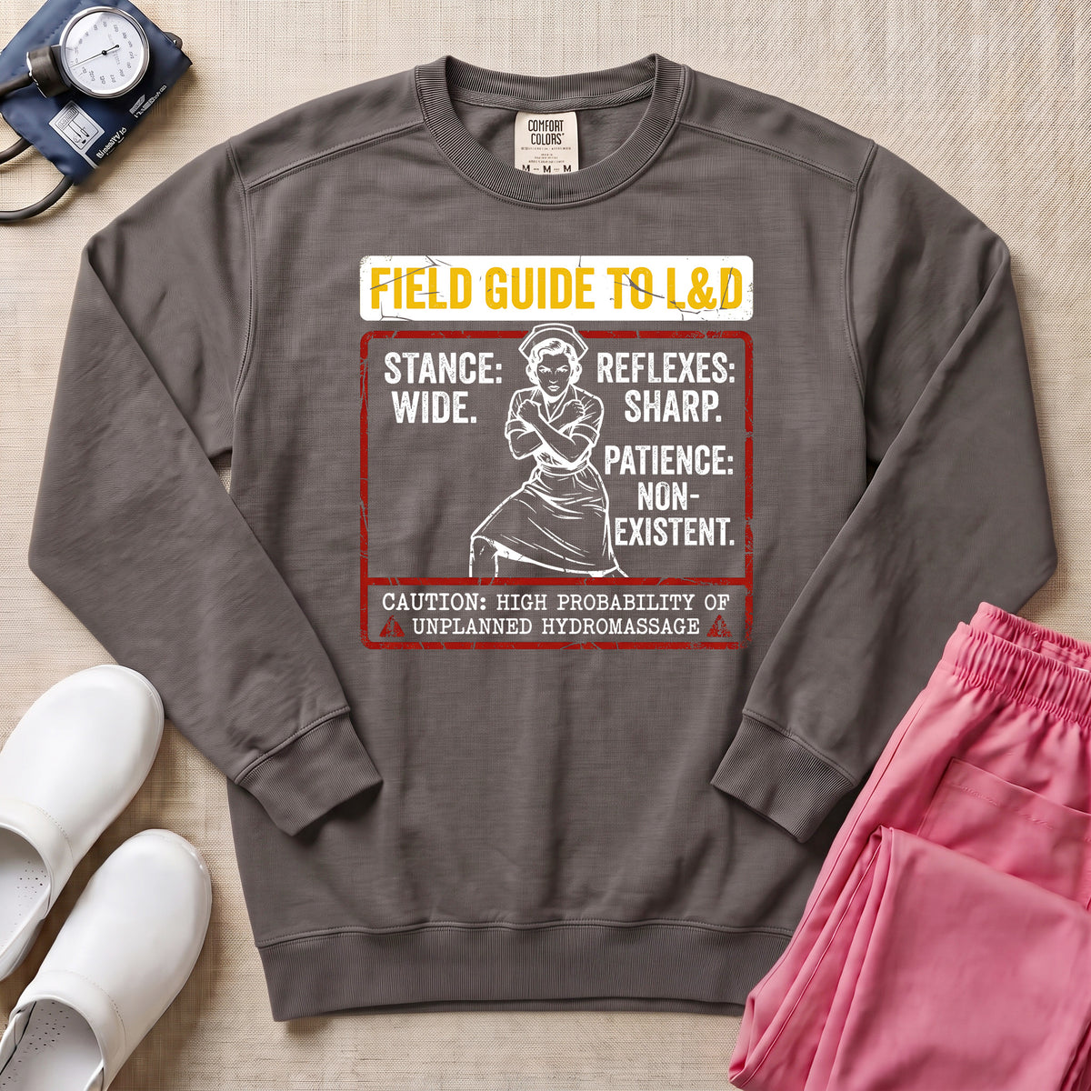 Funny Field Guide To L&D Retro Nurse Sweatshirt - Pepper Lifestyle Hero Mockup | HugTee