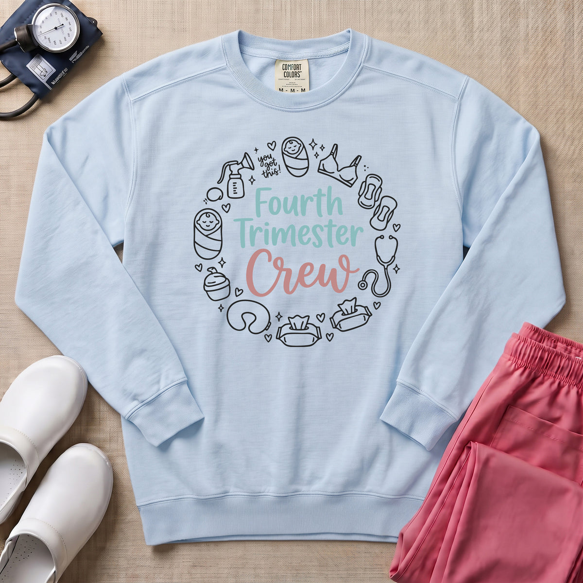 Fourth Trimester Crew Postpartum Nurse Sweatshirt - Chambray Comfort Colors Sweatshirt | HugTee