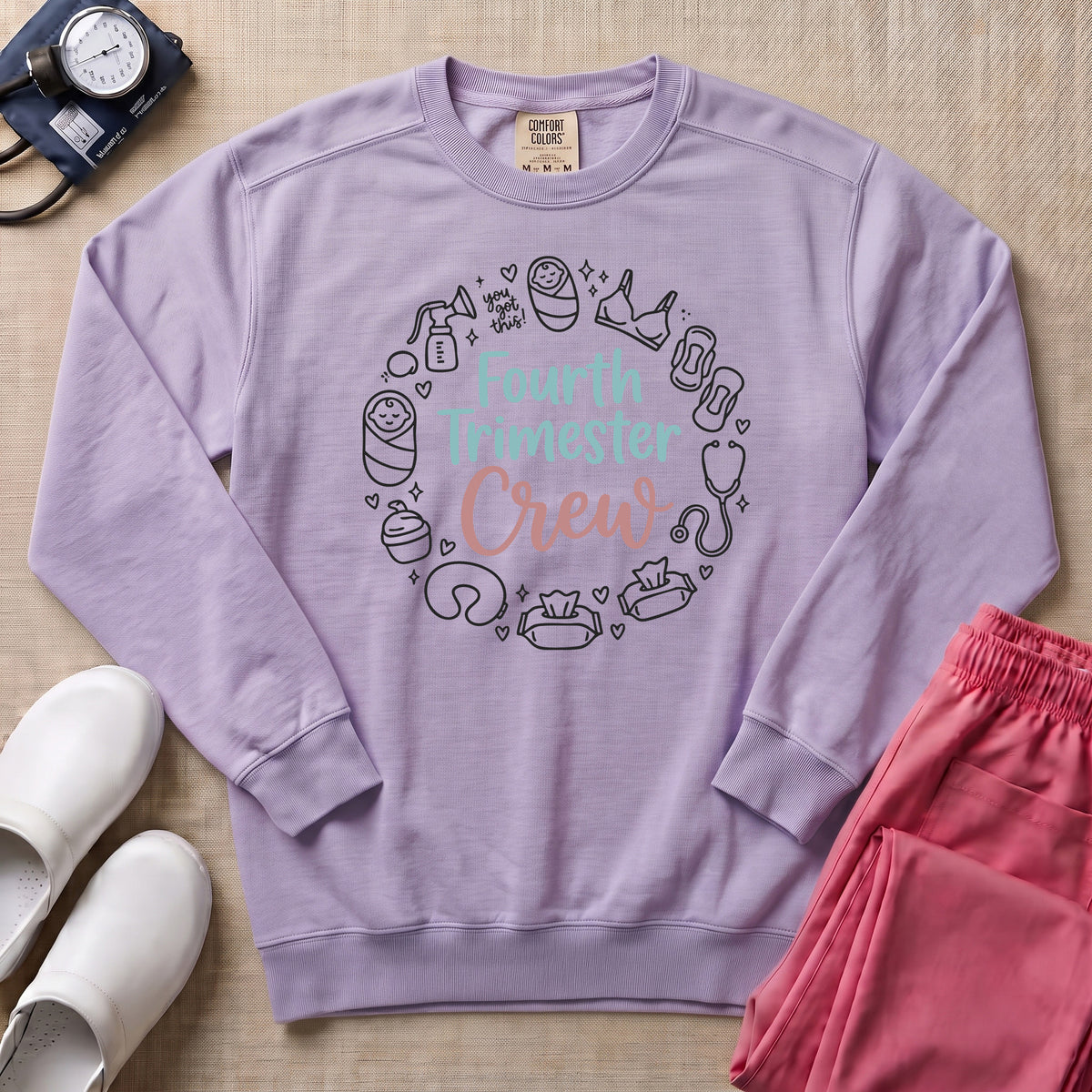Fourth Trimester Crew Postpartum Nurse Sweatshirt - Orchid Comfort Colors Sweatshirt | HugTee
