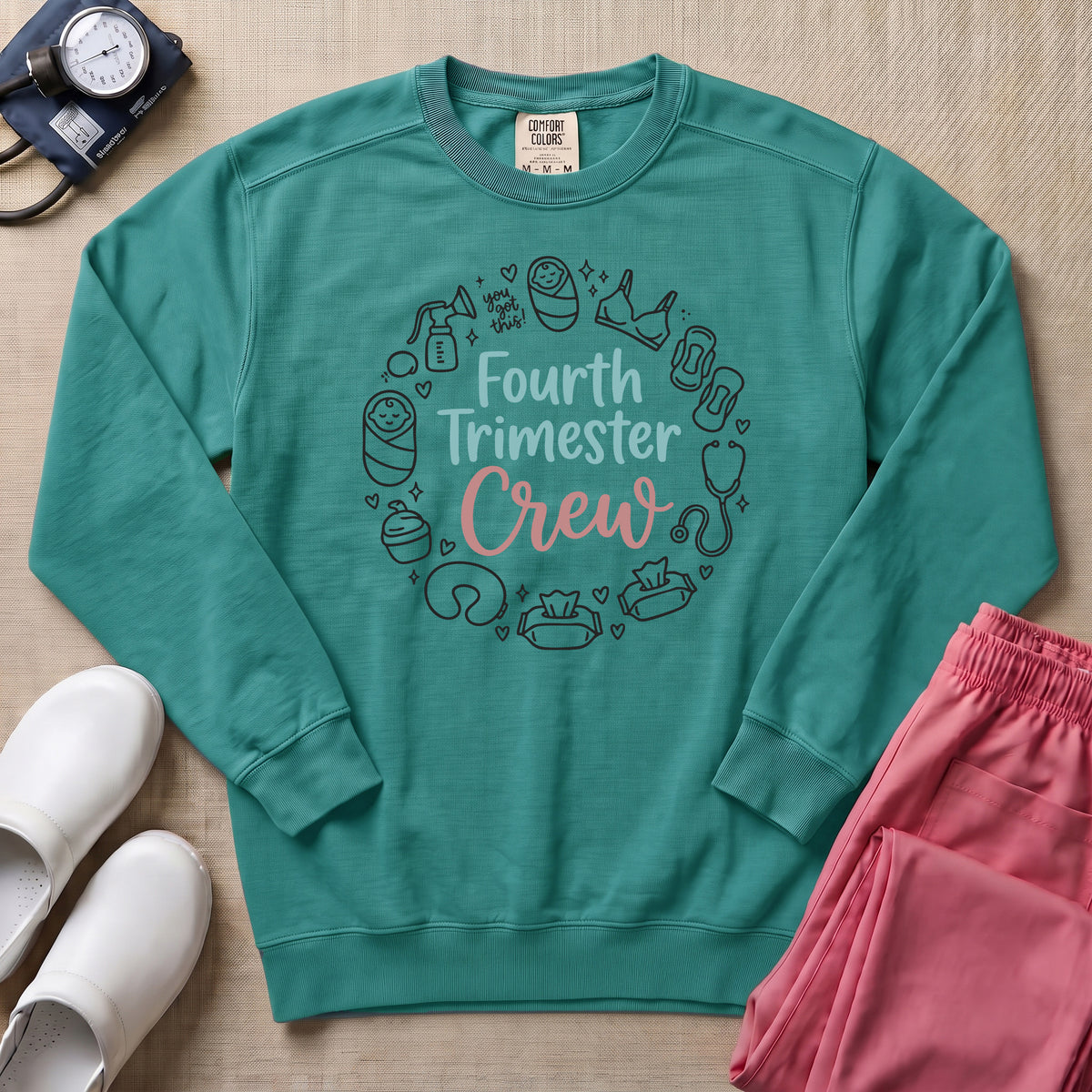 Fourth Trimester Crew Postpartum Nurse Sweatshirt - Seafoam Comfort Colors Sweatshirt | HugTee