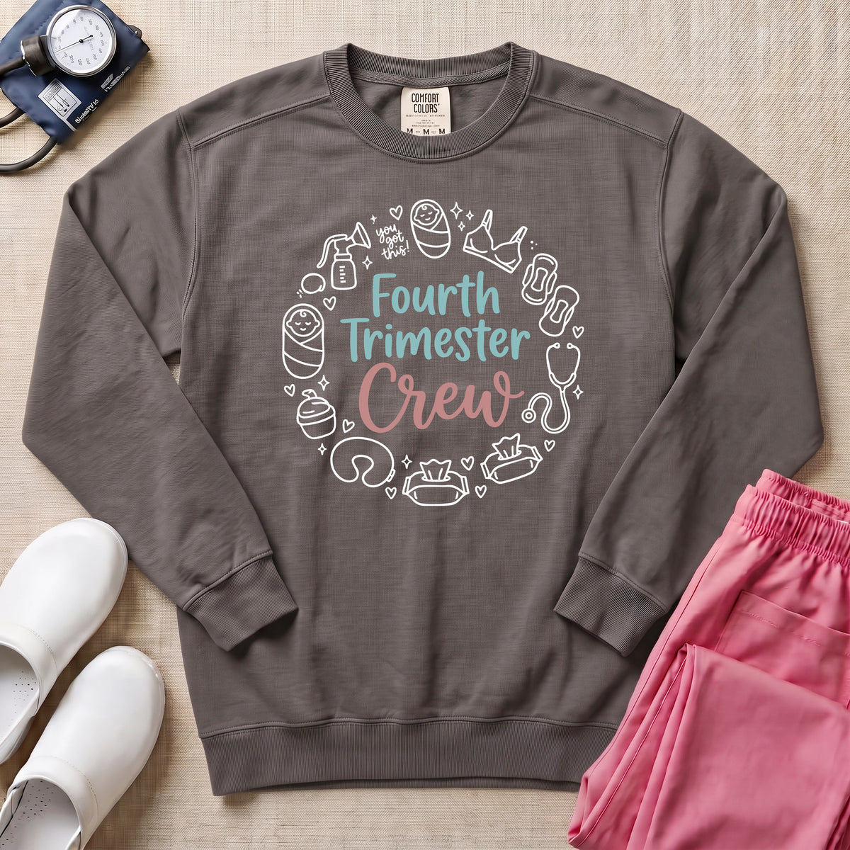 Fourth Trimester Crew Postpartum Nurse Sweatshirt - Pepper Lifestyle Hero Mockup | HugTee